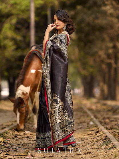Bold Black Art Silk Saree with Traditional Printed Border & Statement Pallu