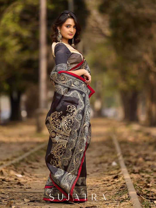 Bold Black Art Silk Saree with Traditional Printed Border & Statement Pallu