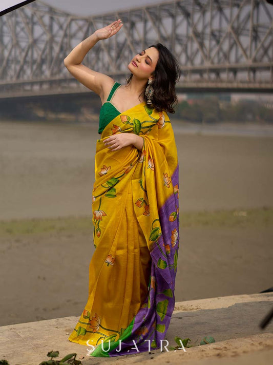 Mustard & Purple Tussar Silk Saree with Handcrafted Floral Motifs