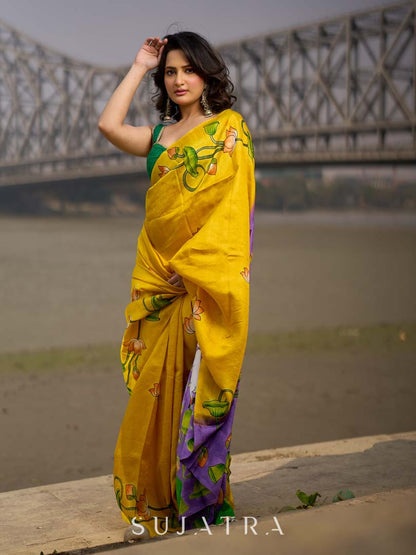 Mustard & Purple Tussar Silk Saree with Handcrafted Floral Motifs