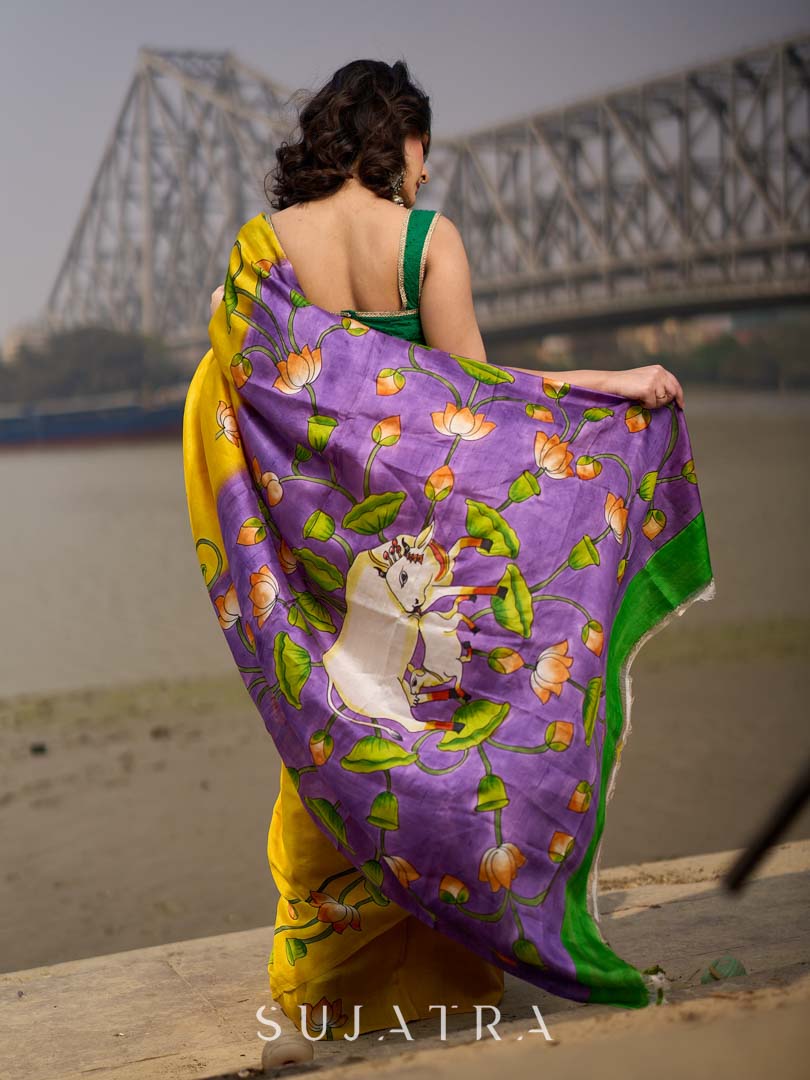 Mustard & Purple Tussar Silk Saree with Handcrafted Floral Motifs