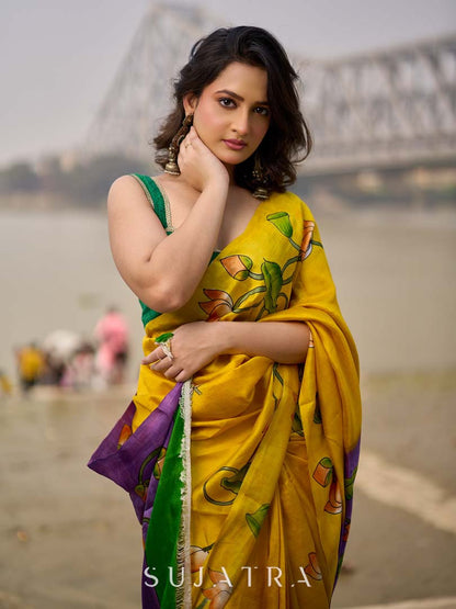 Mustard & Purple Tussar Silk Saree with Handcrafted Floral Motifs