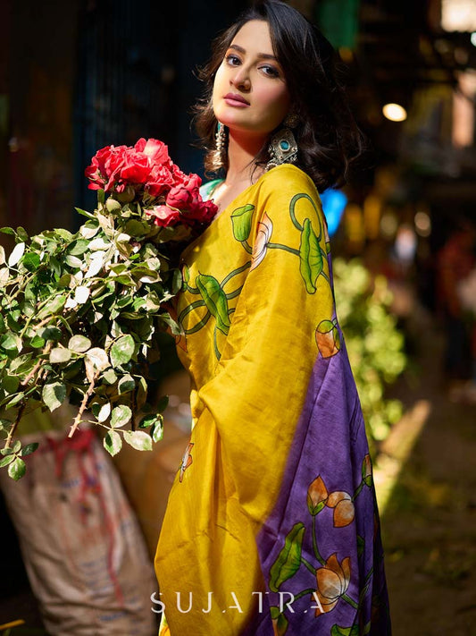 Mustard & Purple Tussar Silk Saree with Handcrafted Floral Motifs