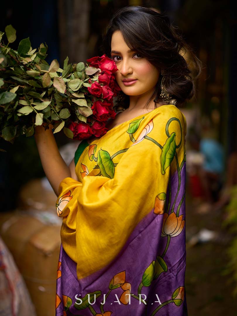 Mustard & Purple Tussar Silk Saree with Handcrafted Floral Motifs