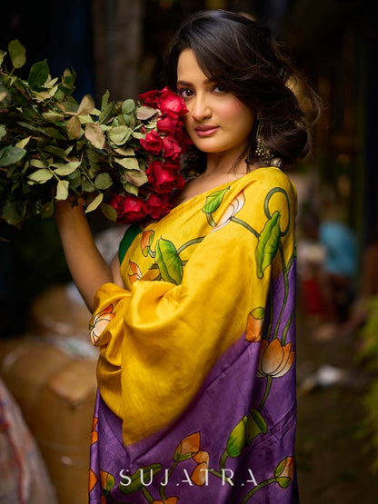 Mustard & Purple Tussar Silk Saree with Handcrafted Floral Motifs