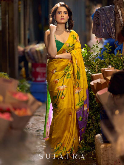 Mustard & Purple Tussar Silk Saree with Handcrafted Floral Motifs