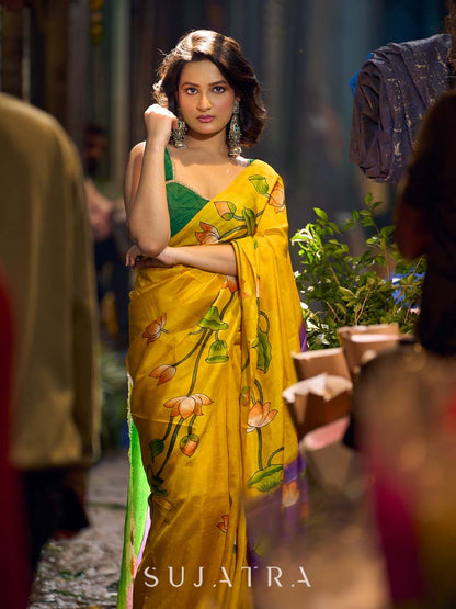 Mustard & Purple Tussar Silk Saree with Handcrafted Floral Motifs