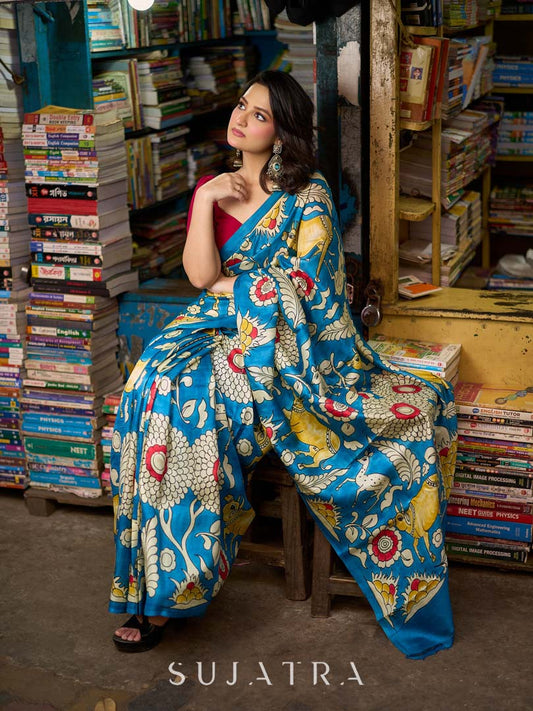 Heritage Blue Tussar Silk Saree with Bold Kalamkari Motifs