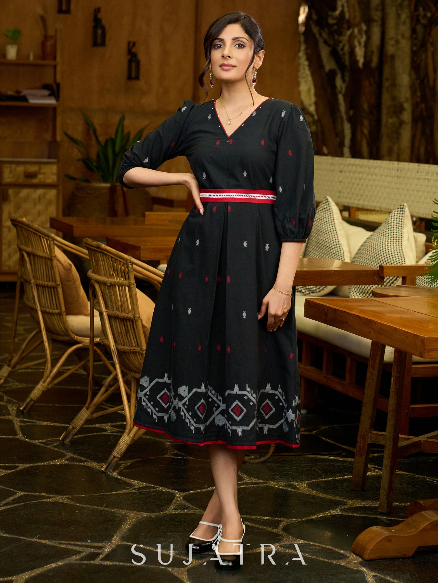 Noir Loom Jamdani Pleated Dress with Chic Belt