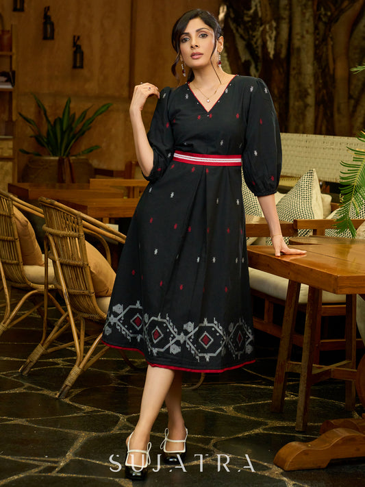 Noir Loom Jamdani Pleated Dress with Chic Belt
