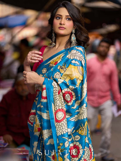 Heritage Blue Tussar Silk Saree with Bold Kalamkari Motifs