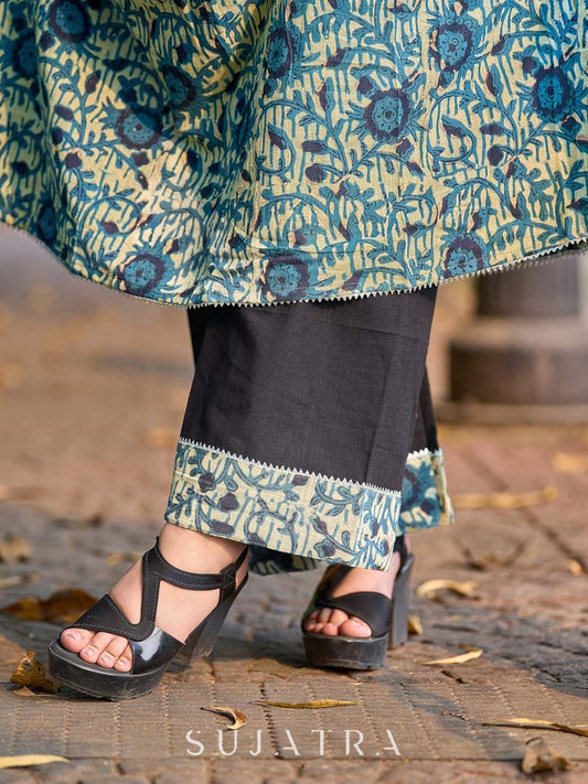 Deep Black Straight Pants with Indigo Bloom Border and Subtle Gota Patti Highlights