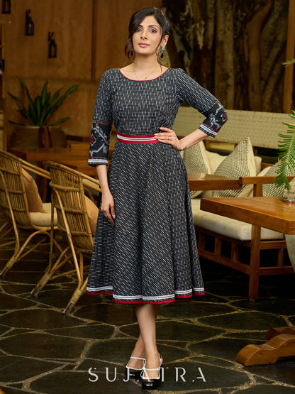 Artisanal Black Dress in Ikat & Jamdani Weave with Maroon Accents