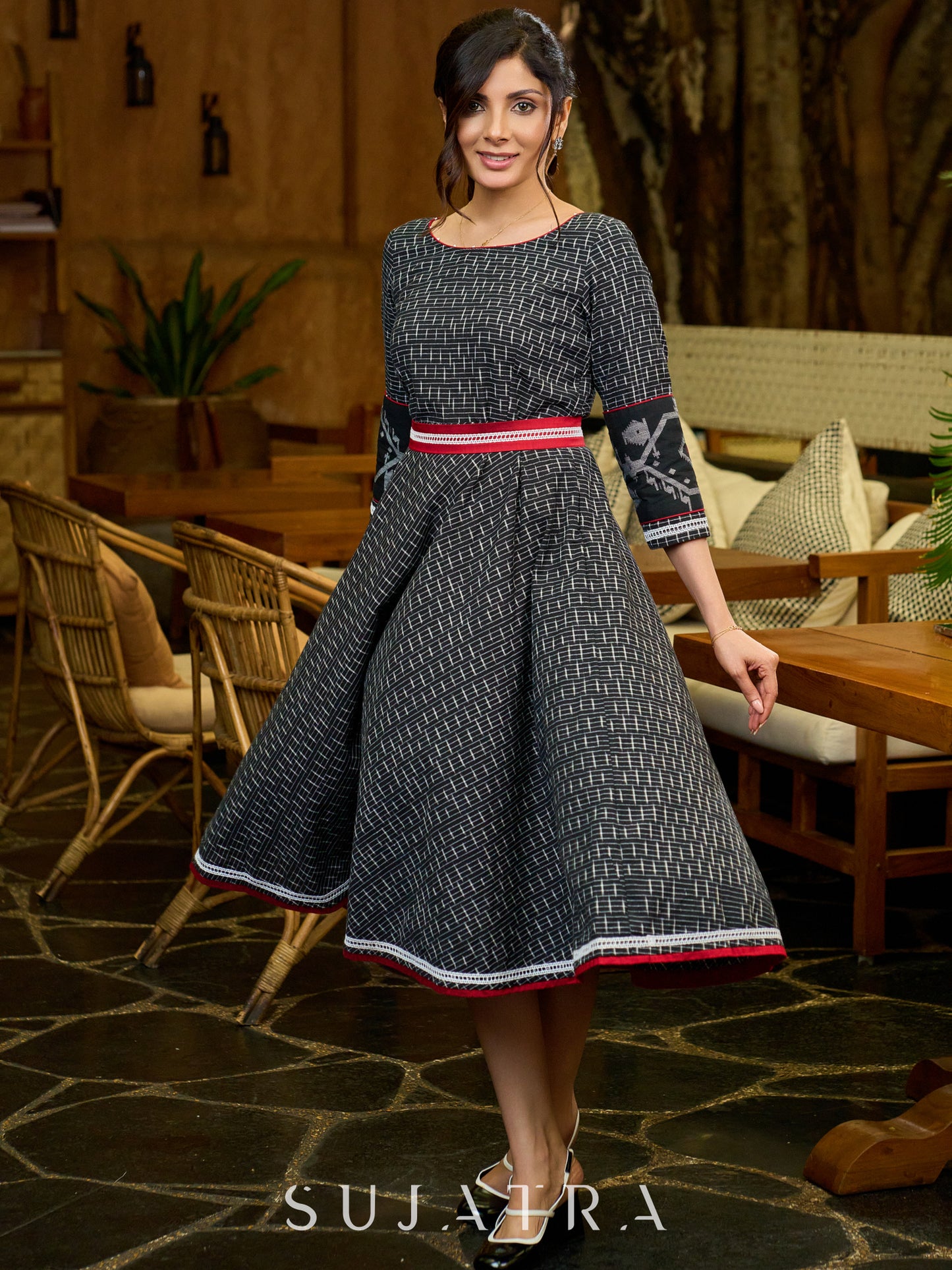 Artisanal Black Dress in Ikat & Jamdani Weave with Maroon Accents
