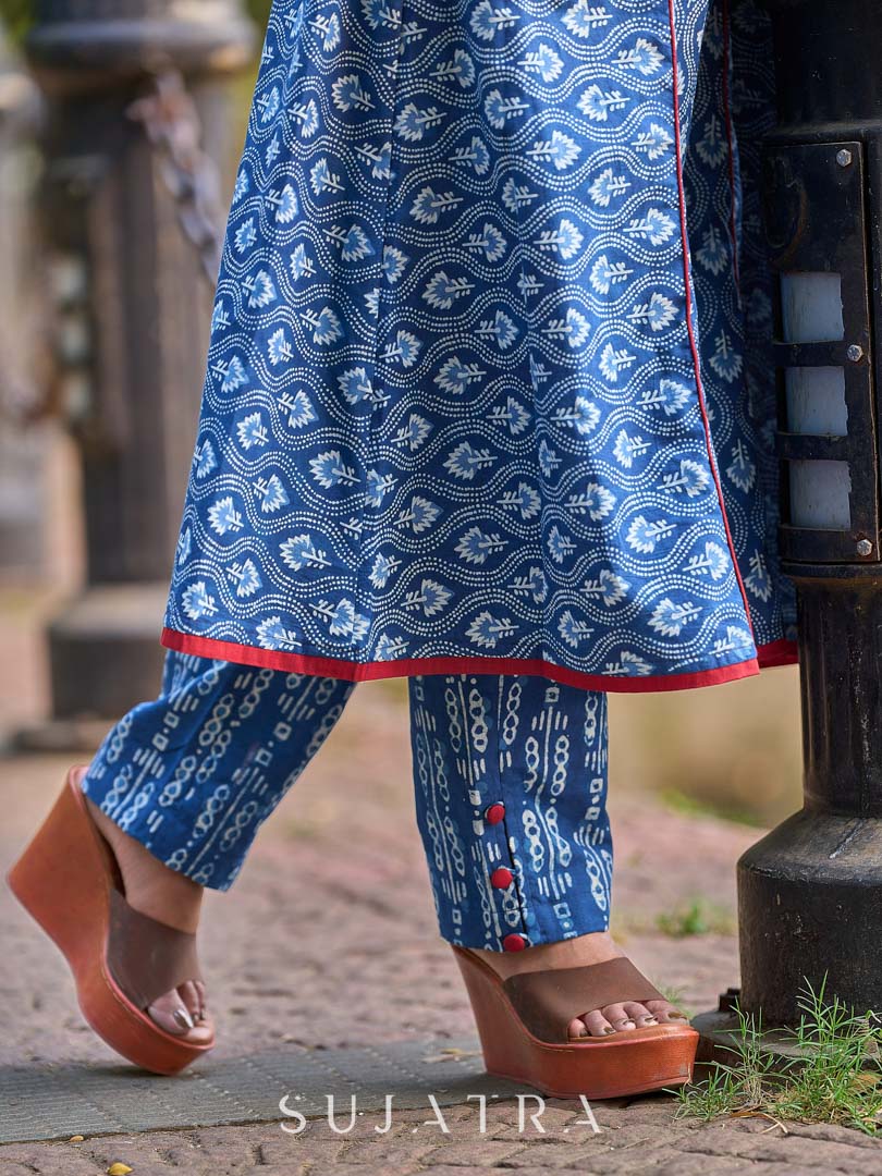 Indigo Tailored Straight Pants with Contrast Maroon Highlights and slit