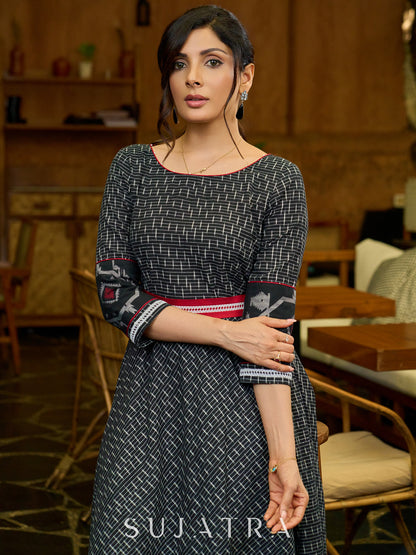 Artisanal Black Dress in Ikat & Jamdani Weave with Maroon Accents