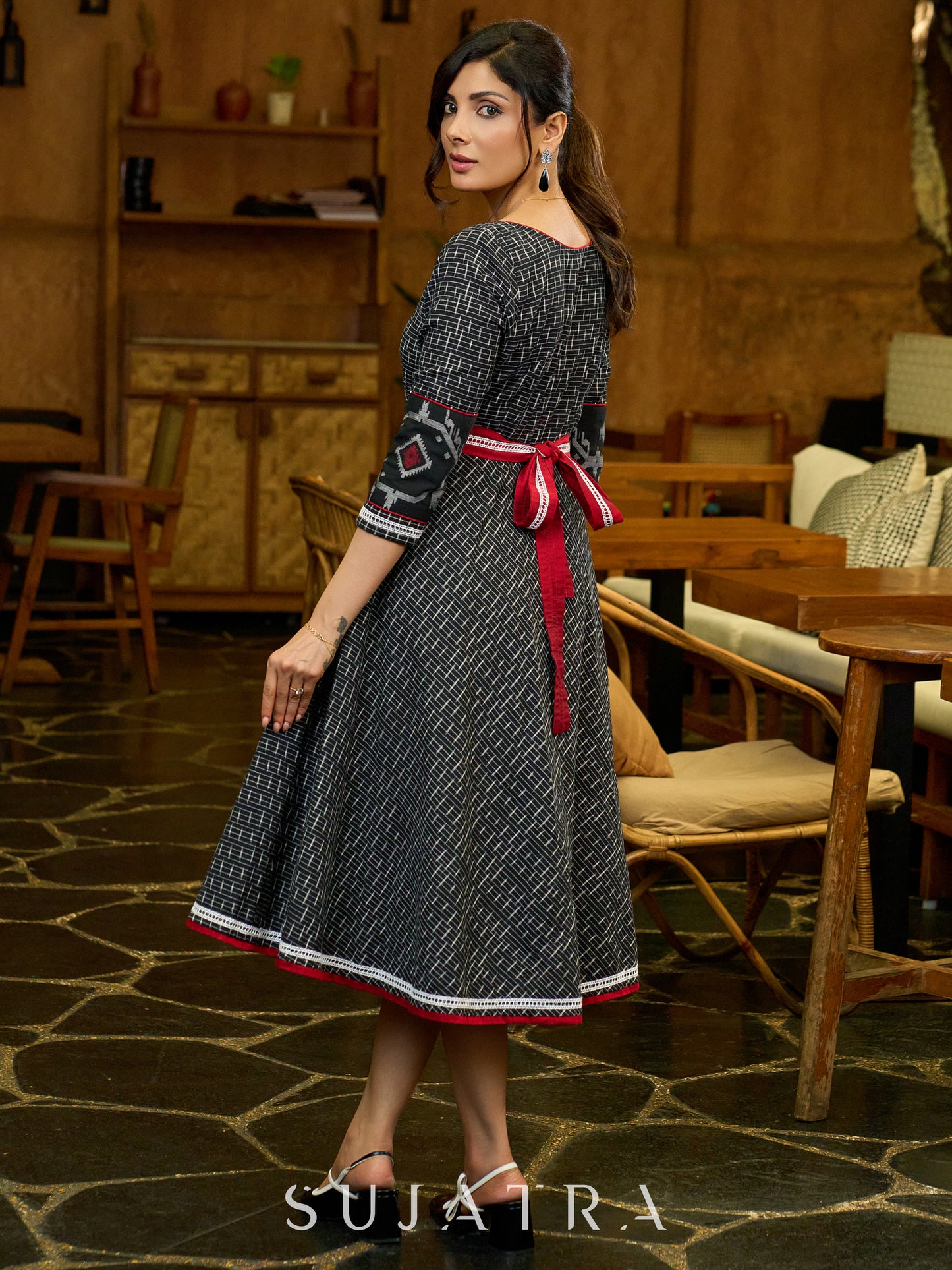 Artisanal Black Dress in Ikat & Jamdani Weave with Maroon Accents
