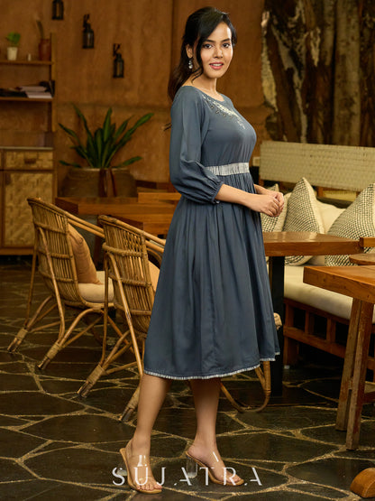 Grey Grace Gathered Flowy Dress with Hand-Painted Bird & Contrast Belt