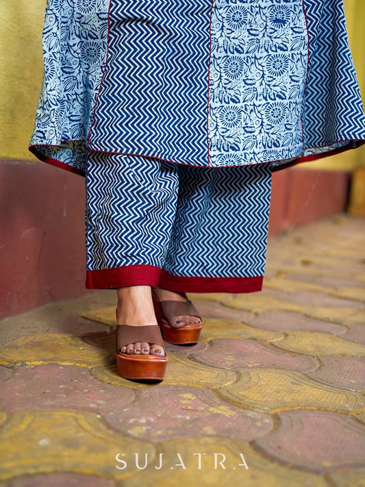 Indigo Zigzag Patterned Straight-Leg Pants with Maroon Detailing