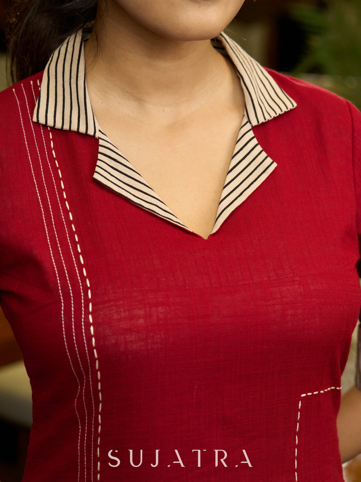 Elegant Maroon Cotton Lapel Dress with Contrast Ajrakh Accents