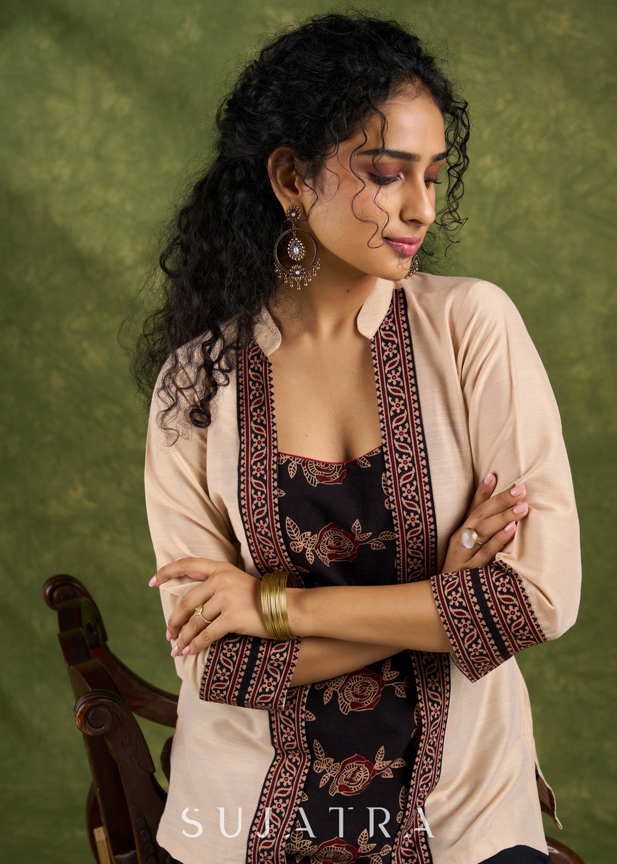 Dussehra Sale — Trendy Beige Cotton Silk Ajrakh Combination Top