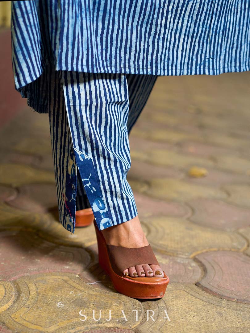 Indigo Stripe Straight Pants with Animal Motif Border and a slit