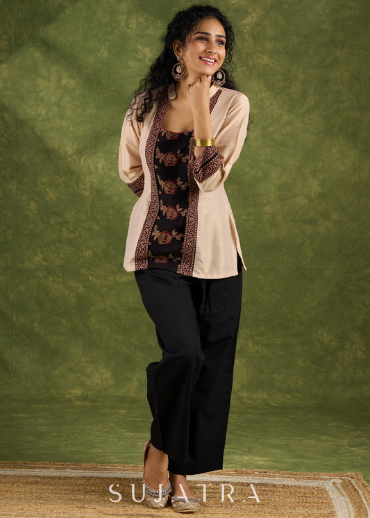 Trendy Beige Cotton Silk Ajrakh Combination Top