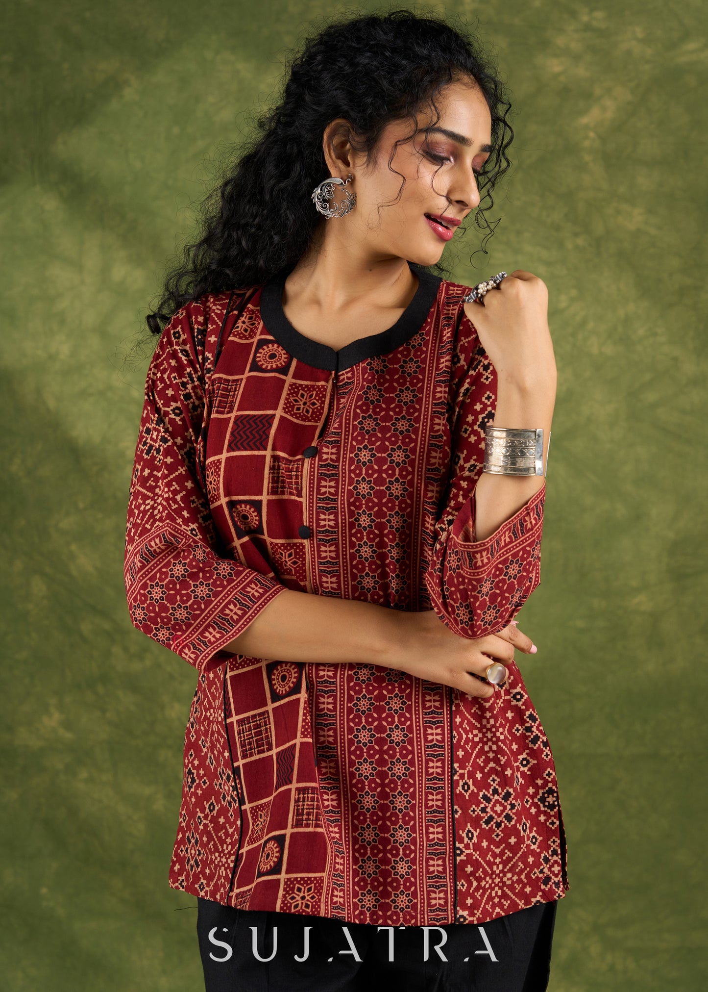 Classic  Ajrakh Combination Maroon Cotton Top