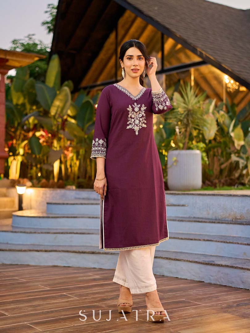 Elegant Purple Cotton Kurta with Intricate Contrast Thread Embroidery & Minimal Embellishment
