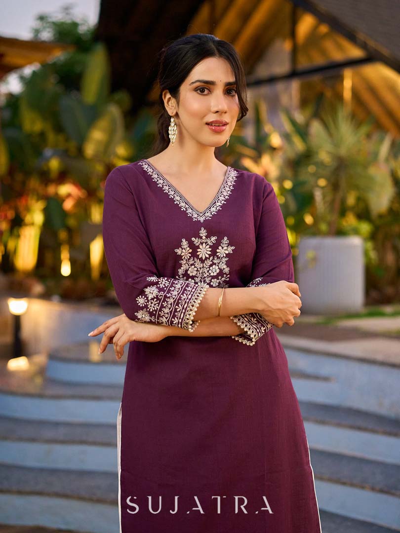 Elegant Purple Cotton Kurta with Intricate Contrast Thread Embroidery & Minimal Embellishment