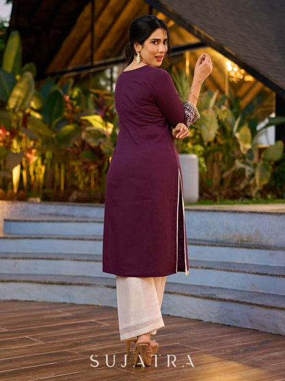 Elegant Purple Cotton Kurta with Intricate Contrast Thread Embroidery & Minimal Embellishment