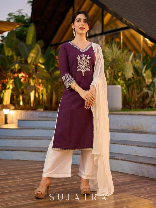 Elegant Purple Cotton Kurta with Intricate Contrast Thread Embroidery & Minimal Embellishment