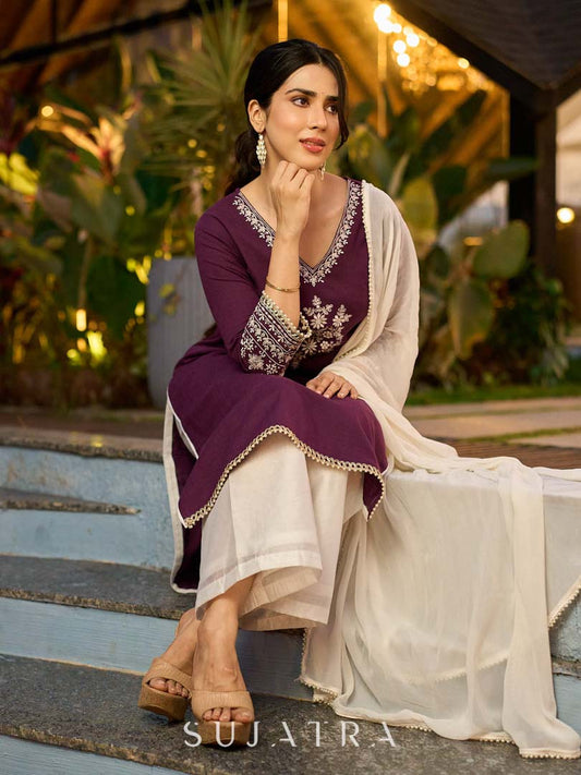 Elegant Purple Cotton Kurta with Intricate Contrast Thread Embroidery & Minimal Embellishment