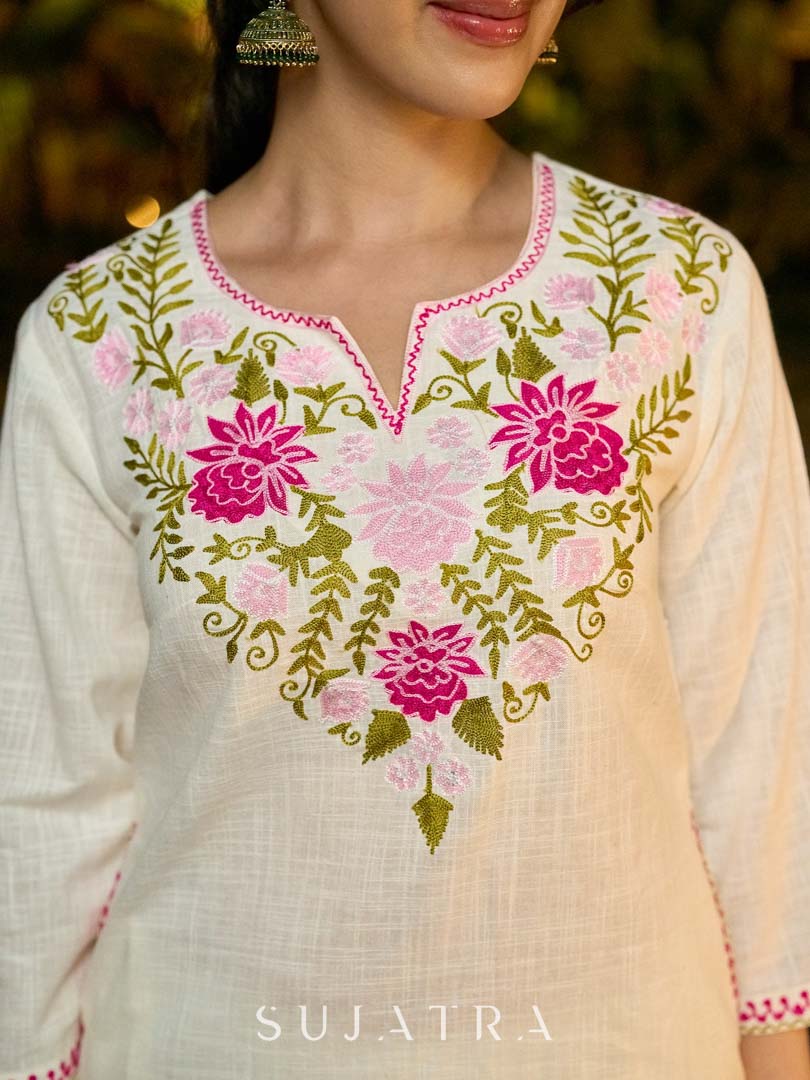 Graceful White Cotton Kurta Adorned with Striking Kashida Embroidery