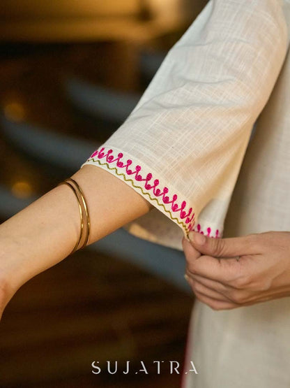 Graceful White Cotton Kurta Adorned with Striking Kashida Embroidery