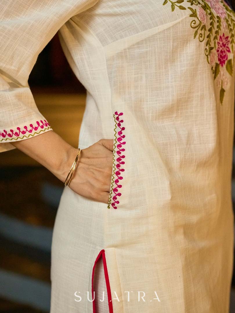 Graceful White Cotton Kurta Adorned with Striking Kashida Embroidery