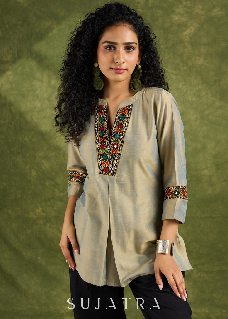 Elegant Olive Gold Cotton Silk Mirror Work Top