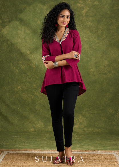 Vibrant Magenta Cotton Top With Traditional Hand Painted Madhubani Details.