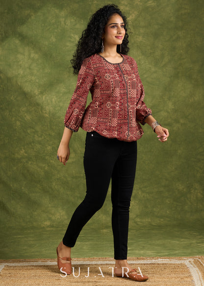 Smart Maroon Cotton Ajrakh Bomber Top