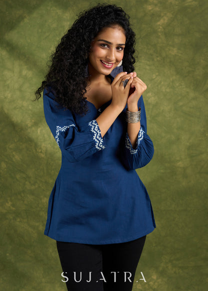 Navy Blue Cotton Top With Indigo Gathered Sleeves.