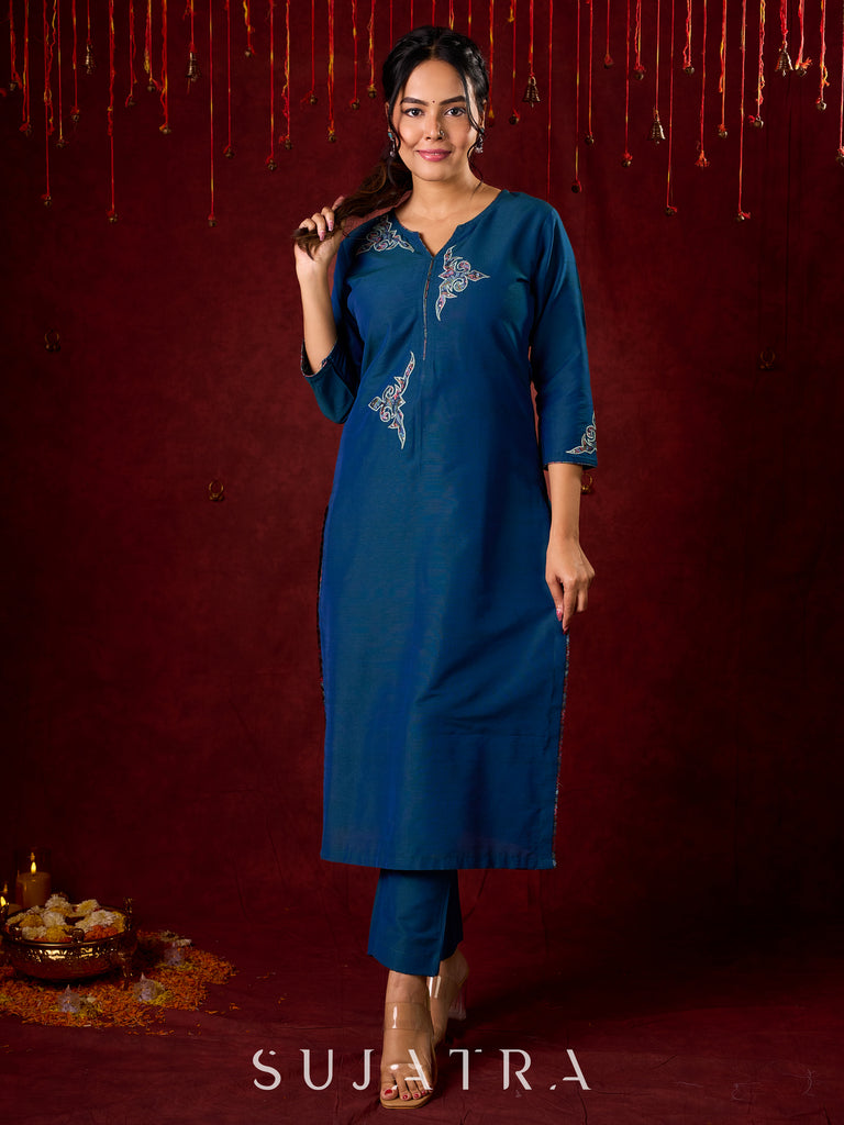 Contemporary peacock Cotton-Silk machine applique kurta - Pant and Dupatta optional