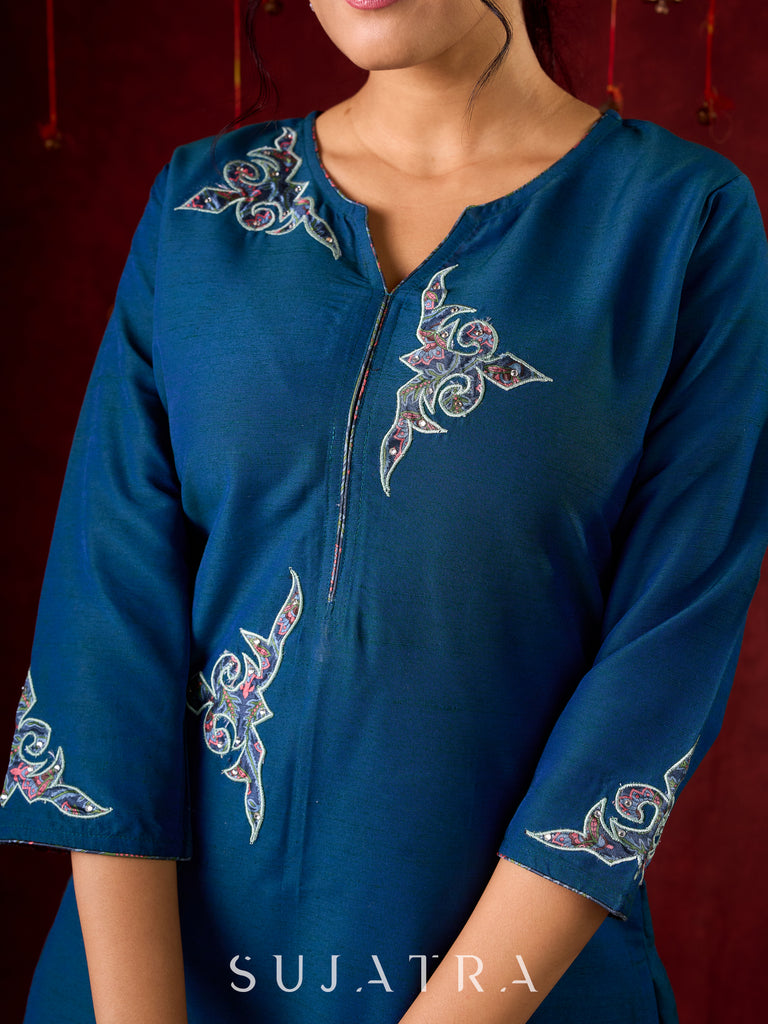 Contemporary peacock Cotton-Silk machine applique kurta - Pant and Dupatta optional
