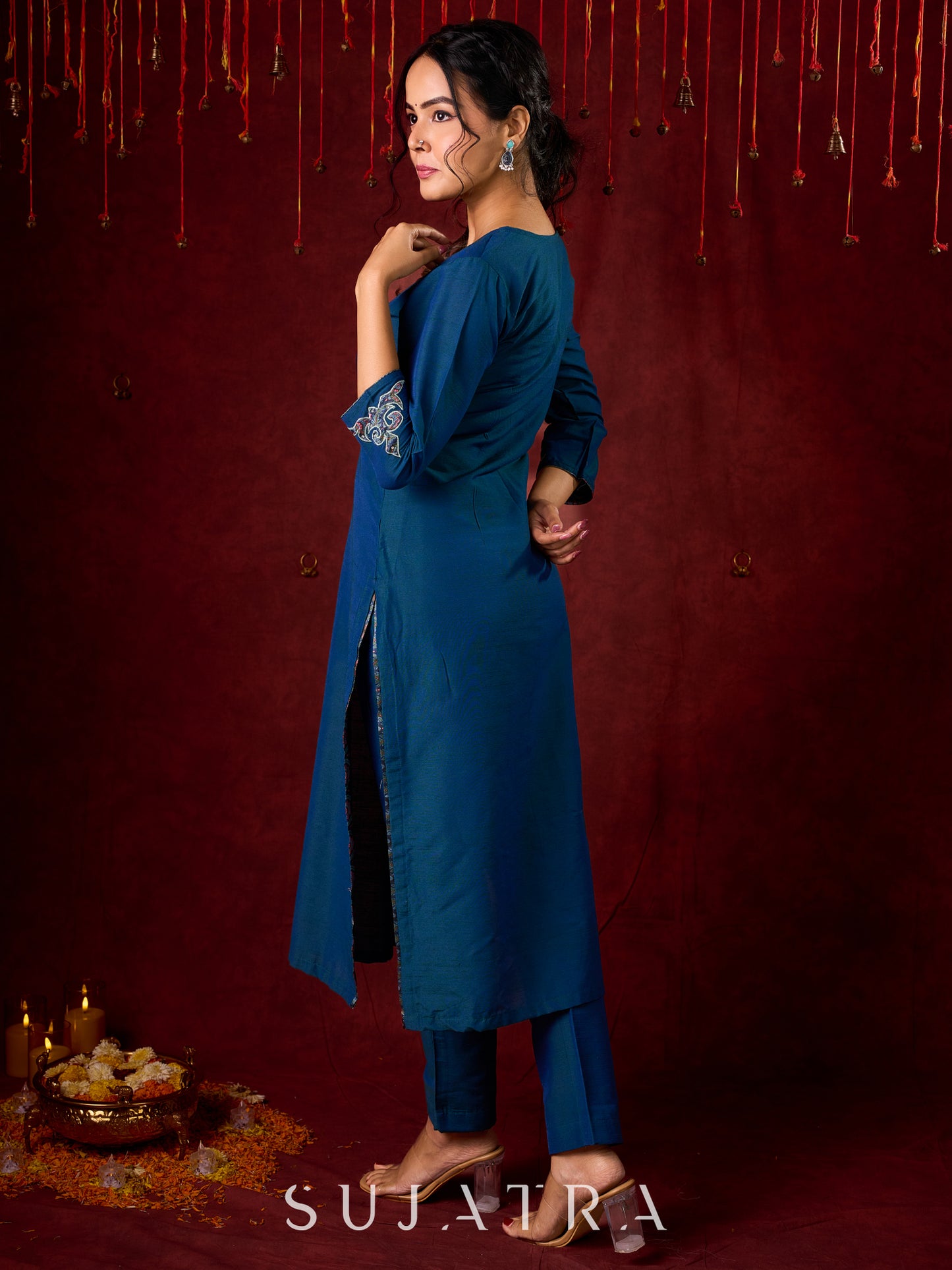 Contemporary peacock Cotton-Silk machine applique kurta - Pant and Dupatta optional