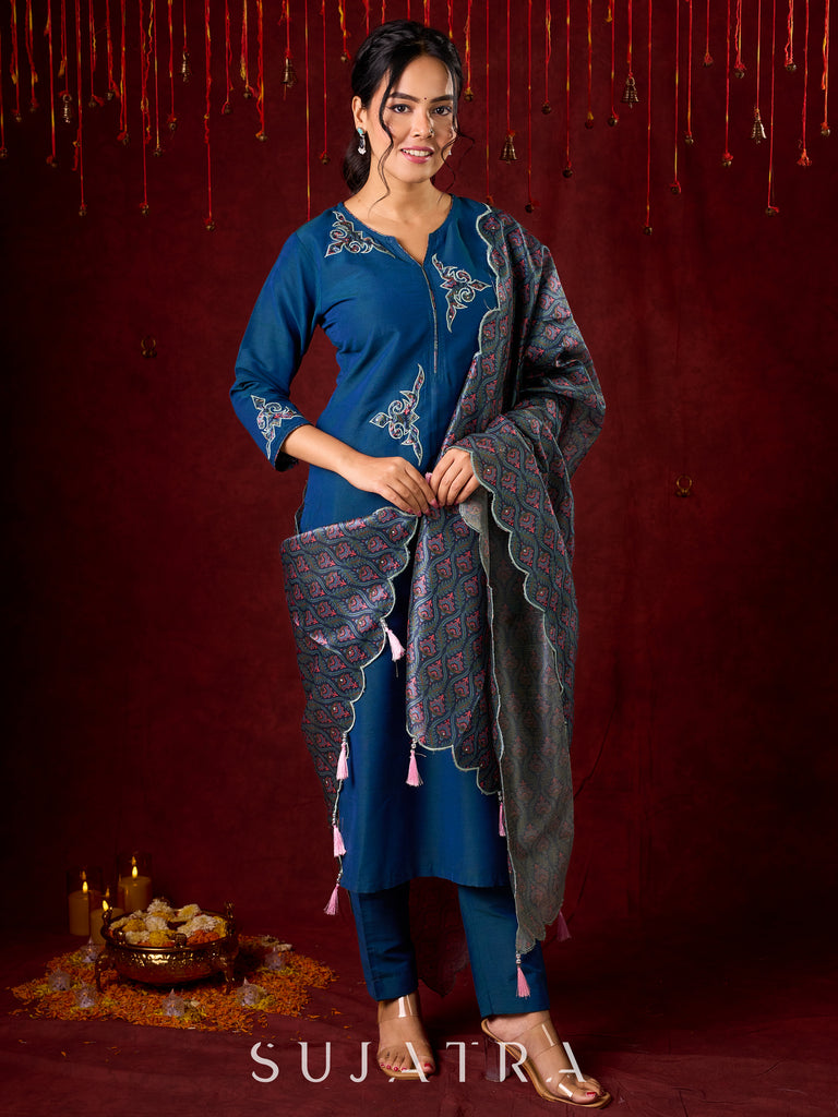 Contemporary peacock Cotton-Silk machine applique kurta - Pant and Dupatta optional