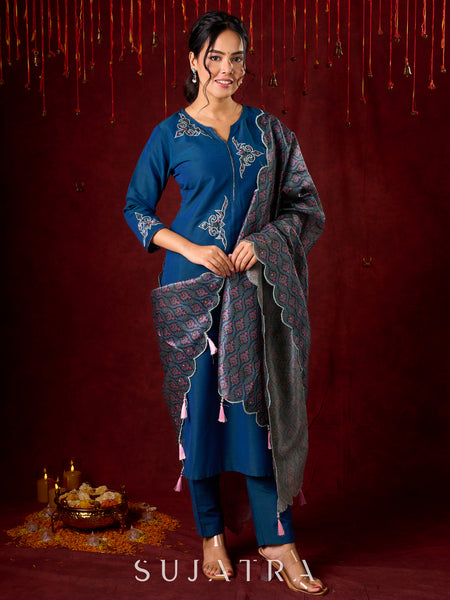 Contemporary peacock Cotton-Silk machine applique kurta - Pant and Dupatta optional