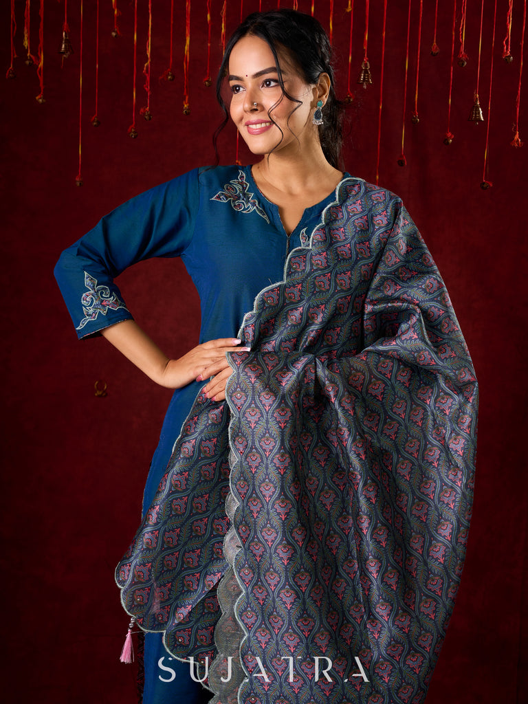 Contemporary peacock Cotton-Silk machine applique kurta - Pant and Dupatta optional