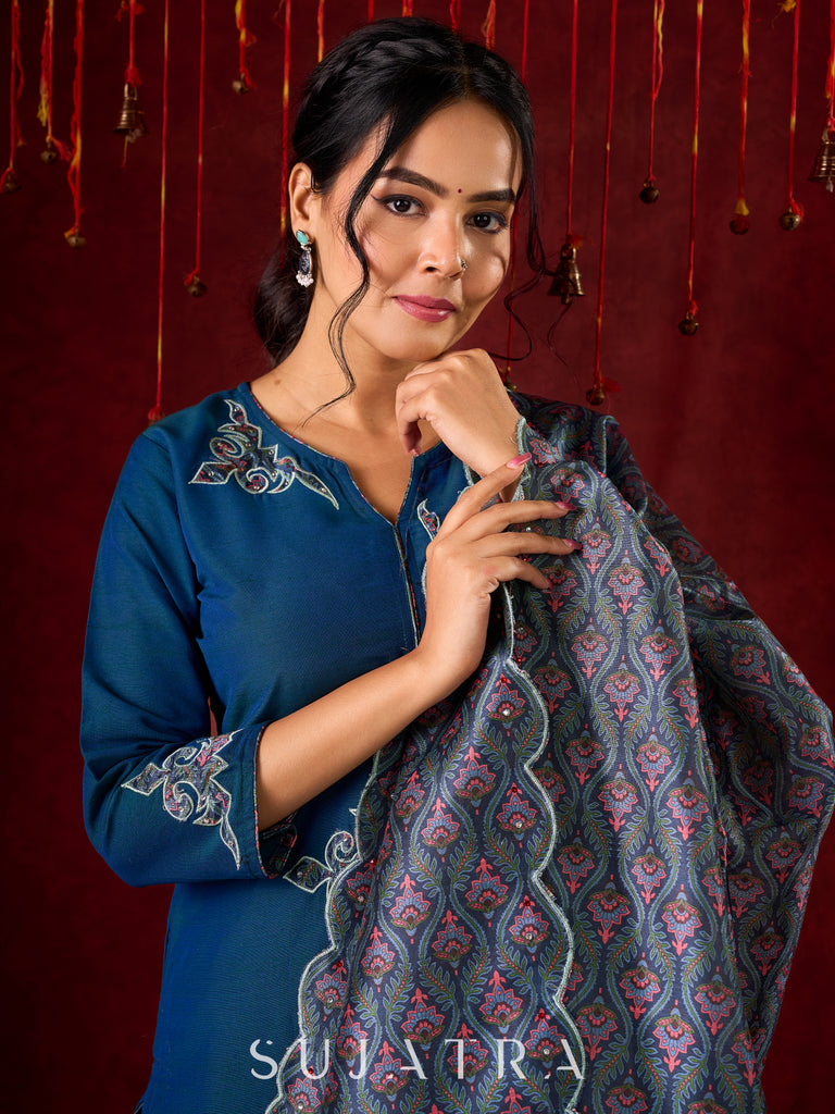 Contemporary peacock Cotton-Silk machine applique kurta - Pant and Dupatta optional