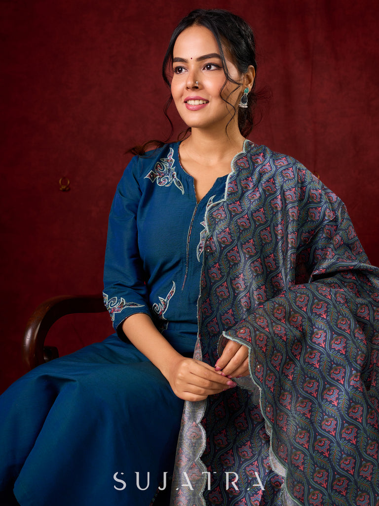 Contemporary peacock Cotton-Silk machine applique kurta - Pant and Dupatta optional