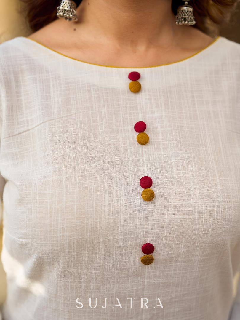 Graceful Ivory Kurta Featuring Statement Mustard Appliqué Florals on Hem & Cuffs