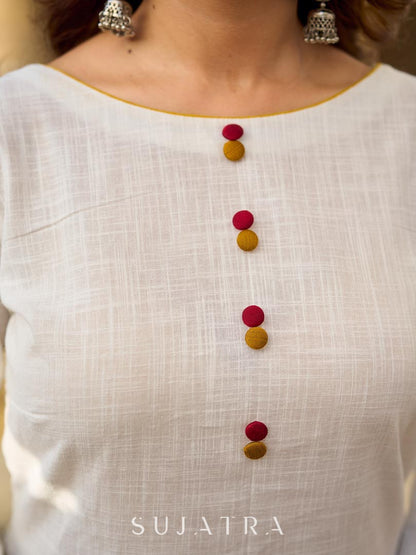 Graceful Ivory Kurta Featuring Statement Mustard Appliqué Florals on Hem & Cuffs
